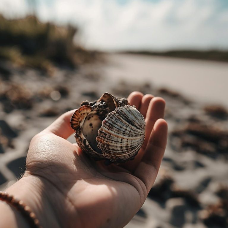 A hand holding a scallop shell on a sandy beach with water in the background.